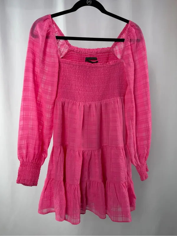 Urban Outfitters‎ Long Sleeve Smocked Bust Tiered Mini Dress in Pink Size Small - Image 2