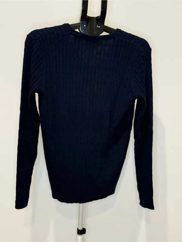 Daily Sports Navy Cable Knit Cotton Cashmere V-Neck Sweater L - Image 6
