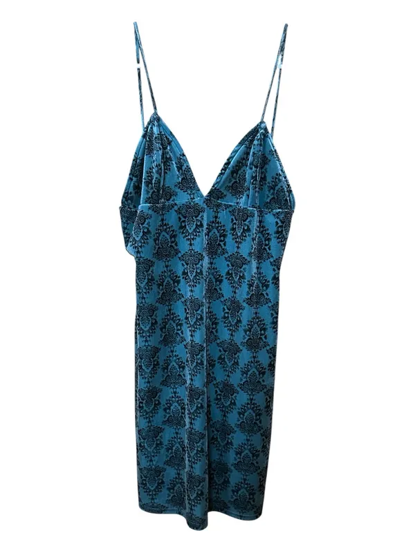 Free People Say it Twice Blue Velvet Slip Dress with Black Damask Print - Image 2