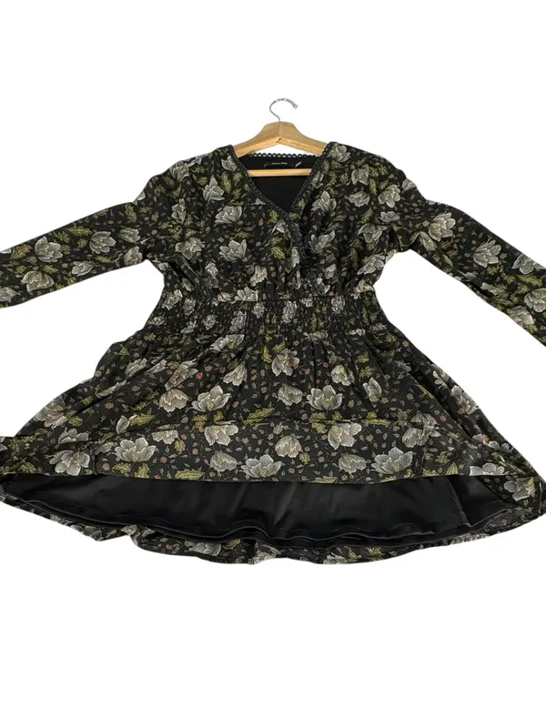 Doe & Rae Floral Mini Dress S Black Whimsigoth Bell Sleeve Smocked Boho - Image 6