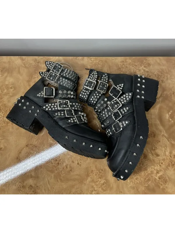 Jeffrey Campbell Starburst Studded Leather Buckle Lug Sole Boots 8.5 Goth Punk - Image 6
