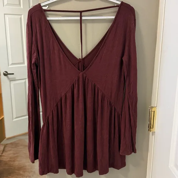 $70 NWOT POL Boho Chic Floral Embroidered Babydoll Tunic – Deep Burgundy S - Image 7