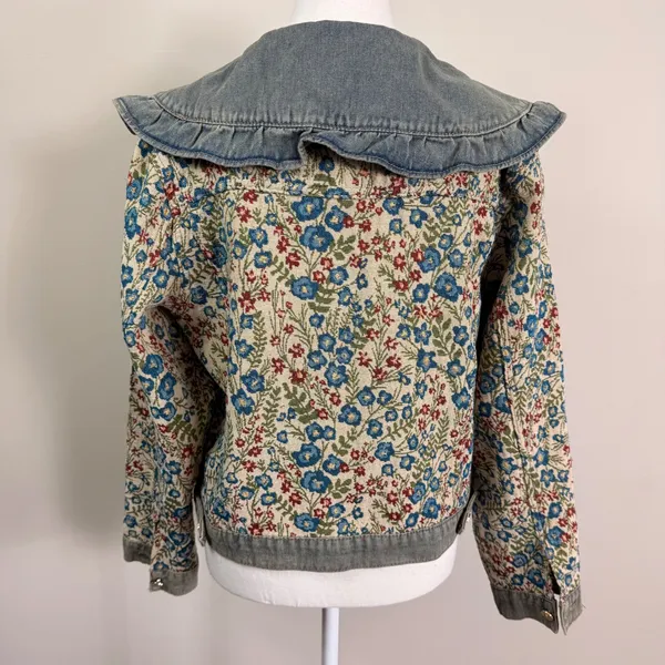 Floral Tapestry Denim Jacket Oversized Ruffle Peter Pan Collar Woven Medium - Image 4