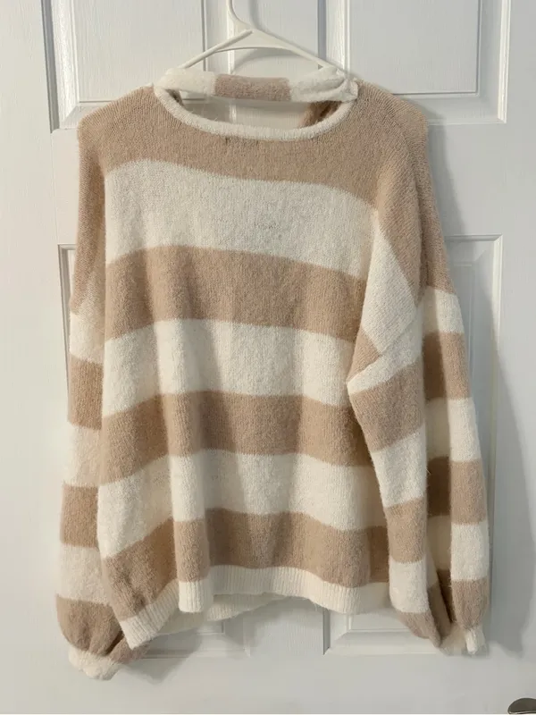 wild fable Beige & Cream Striped Tie-Neck Cardigan - Image 6