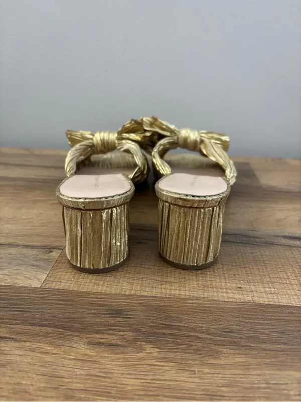 Loeffler Randall Penny Pleated Knotted Bow Heeled Mules Sandals Gold - Image 8