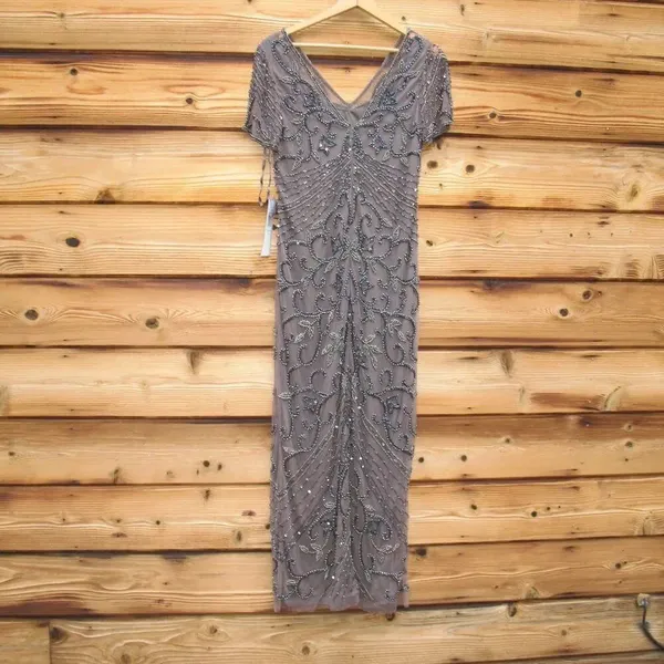 NWT Pisarro Nights Size 8 Beaded Mesh Column Gown Aluminum - Image 10