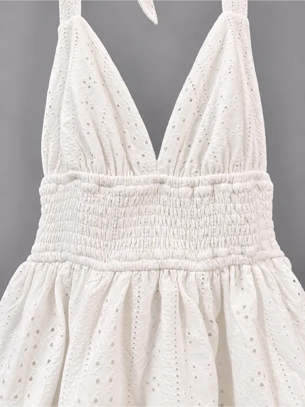 White Halter Tiered Eyelet Mini Dress - Size XS | Windsor - Image 6