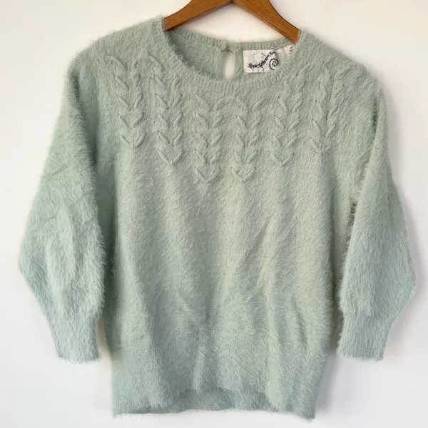 Anthropologie Rosie Neira Aubade Mint Green Fuzzy Sweater SP Small Petite - Image 3