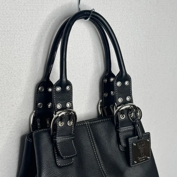 Tignanello Black Genuine Leather Satchel Handbag Buckle Top Handle Y2K - Image 11