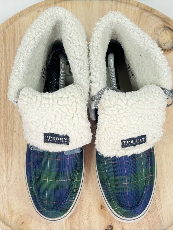 Sperry Tartan Plaid Fleece Lined Fold Over Boots Blue Green Women 11 Preppy - Image 5