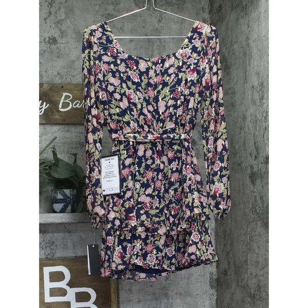 NWT City Studio Square-Neck Fit Flare Shear Lined Dress Navy Blue Multi S - Image 5