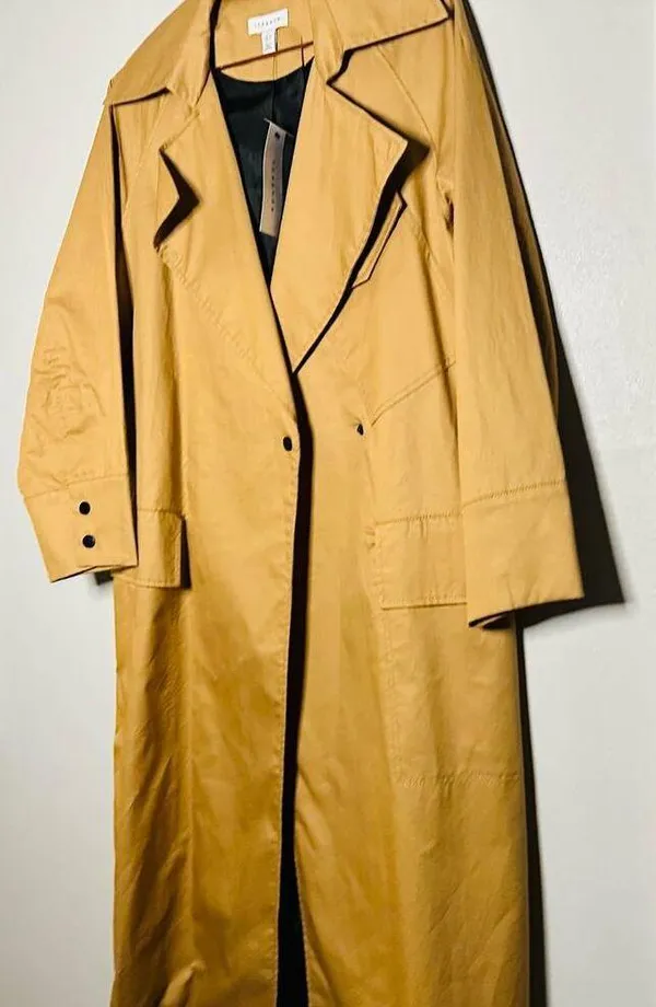 NWT Top Shop Tan Black Button Front Pockets Long Trench Coat Lightweight Size 2 - Image 7