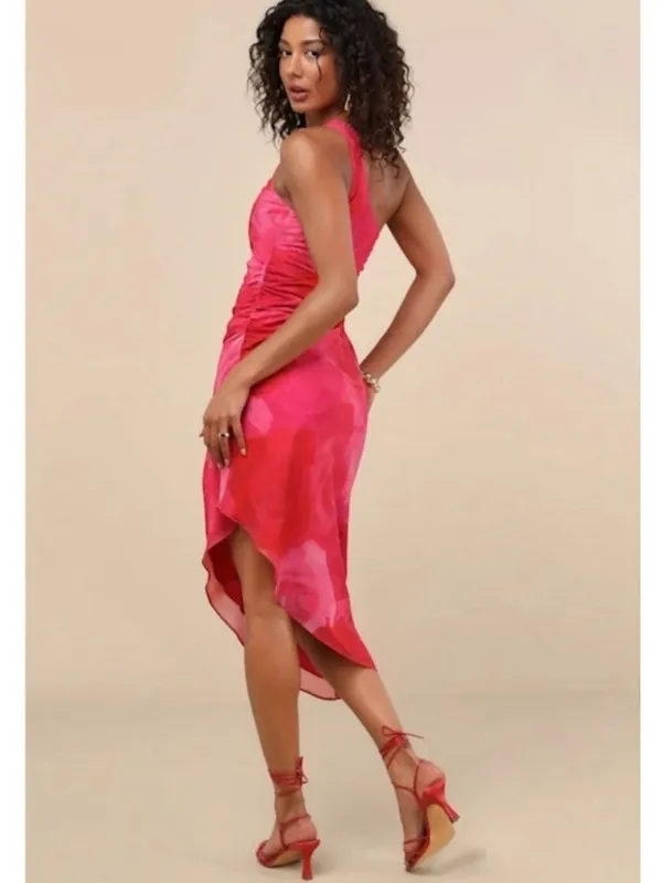 NWT Lulus Pretty Serene Pink Floral One Shoulder Asymmetrical Midi Dress - Med - Image 7