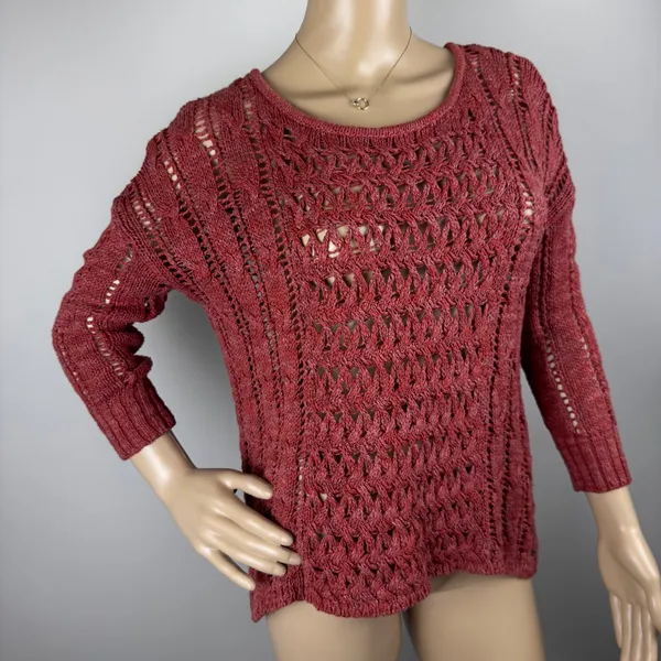 Red/Orange Crochet Knit Sweater Women's Open Weave Boat Neck 3/4 Sleeve‎ - Image 3