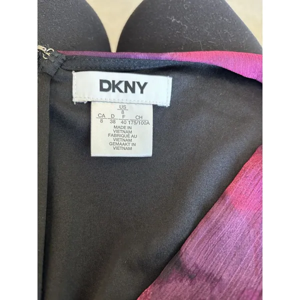 DKNY Size 8 Abstract Floral Balloon Sleeve Faux Wrap Dress - Magenta &‎ Plum - Image 2