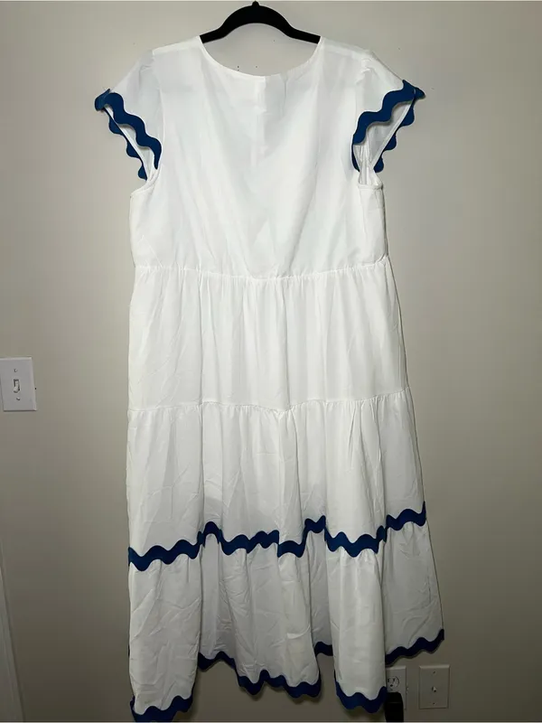 White Maxi Dress with Blue Scalloped Trim - Women's - Image 6