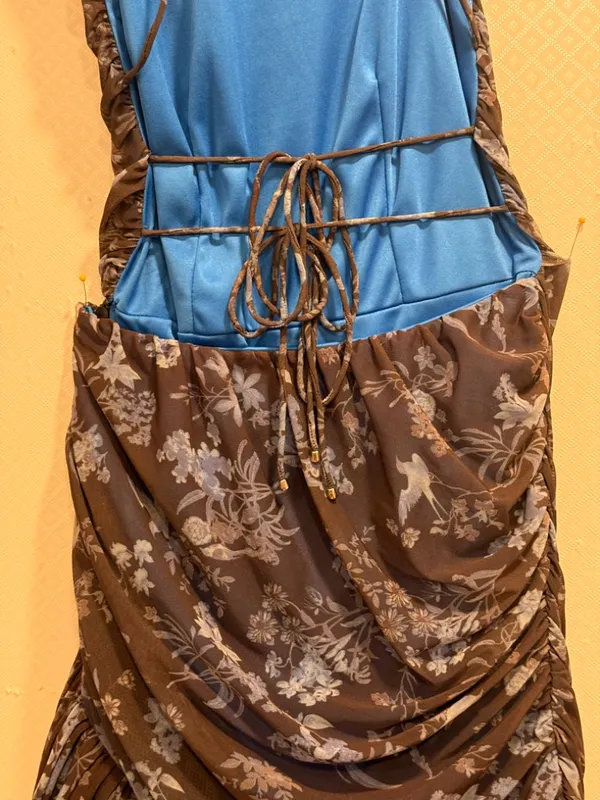 Let Me Be Blue Printed Asymmetrical Ruched Polyester Midi Dress Sz XS Boho Chic - Image 11
