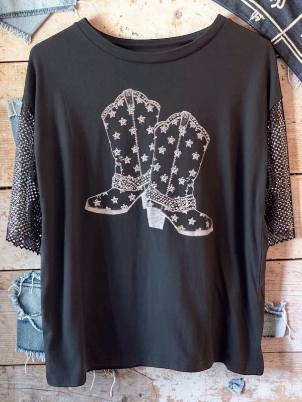 Black Western Rhinestone Graphic Top Metal Mesh Sleeves Country Medium - Image 4