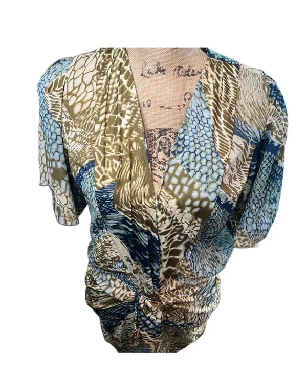 Akira Chicago Ruched Abstract Print Tunic in Blue/Green/Gold - Image 2