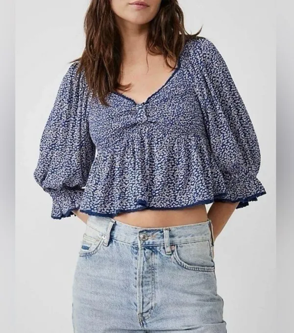Free People Britnee Floral Cropped Peplum Smocked Puff Sleeve Top Large - Image 2