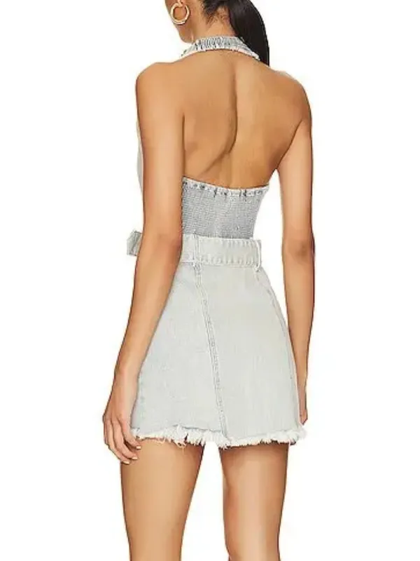 Show Me Your Mumu x Revolve Duncan Halter Belted Denim Mini Dress XS $164 - Image 5