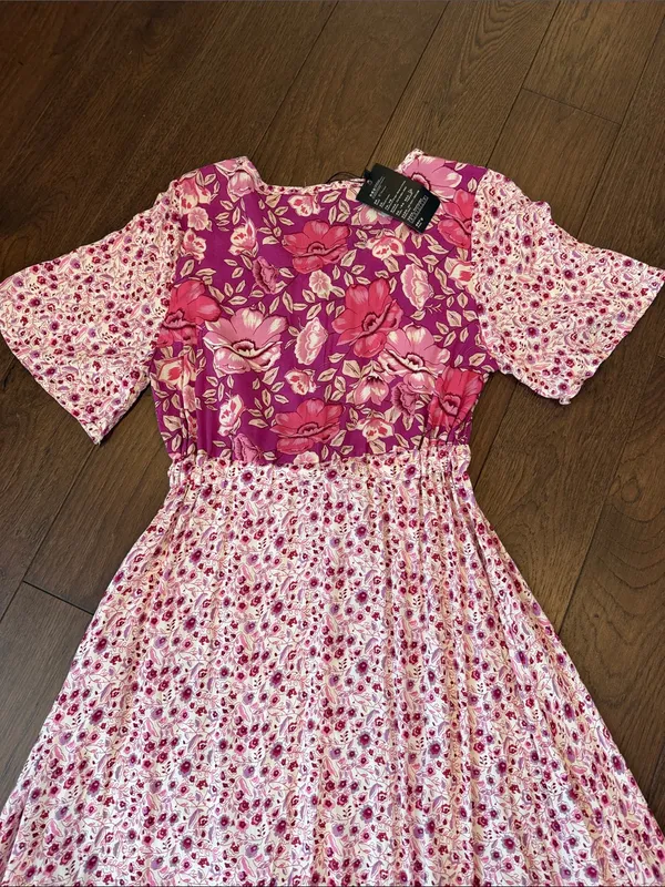 R. Vivimos Pink Floral Patchwork Tiered Casual MIDI Dress Small NWT - C26-031 - Image 8