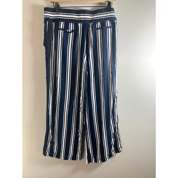 Adrienne Vittadini Navy White Striped Wide Leg Pants Viscose Coastal Size‎ 8 - Image 4