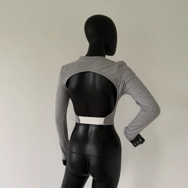 Gym Top Crop Top Long Sleeve Tee Round Neck Cropped Fitted Blouse Shirt Sport Top - Image 3
