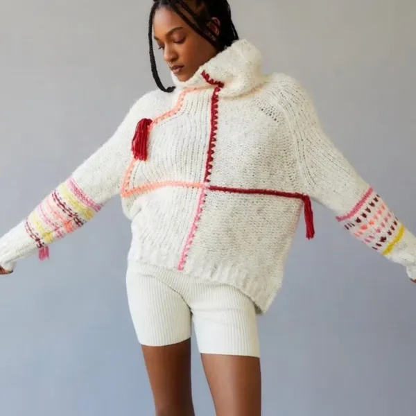 BDG Urban Outfitters Anissa Cream Knit Multicolored Fringe Mockneck Sweater - Image 4