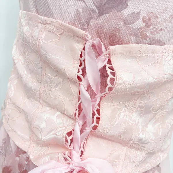 Womens Pink Pastel Floral Lace-up Corset Ruffle Coquette Fairy Maxi Dress Size S - Image 5