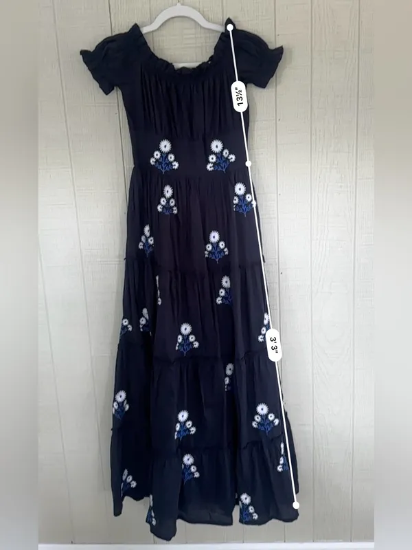 Madison Matthews Navy floral Maxi tiered long Dress short puff sleeves size XS - Image 5