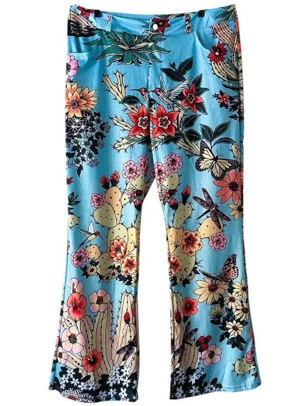 NWT ~ Blue Vintage Look Groovy 70's Polyester Floral Birds Flare Leg Pants ~ L - Image 2