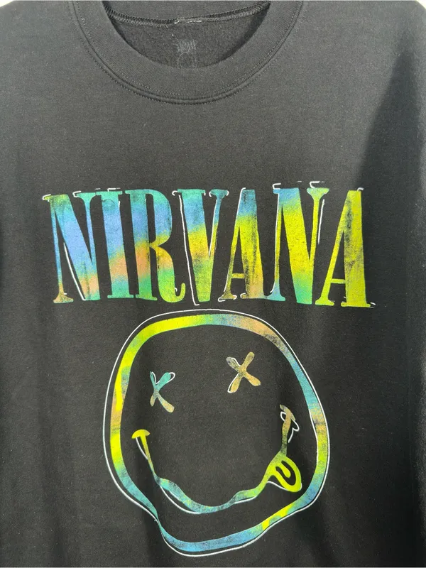 Nirvana‎ Smiley Face Graphic Crewneck Sweatshirt Black Tie Dye Logo Size Large - Image 6