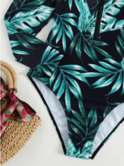 SHEIN Black One-Piece Rash Guard Swimsuit with Green Tropical Leaf Print - Image 6