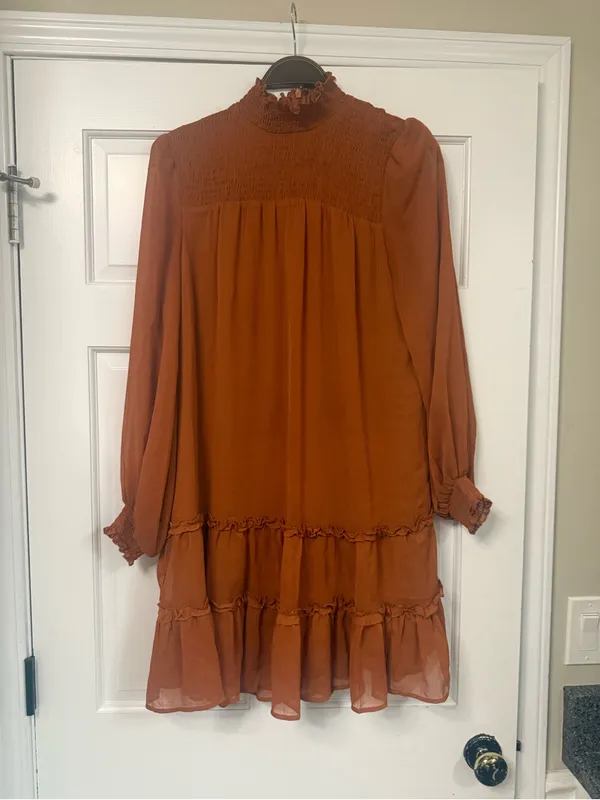 CeCe Rust Smocked High-Neck Tiered Long-Sleeve Dress - Image 2