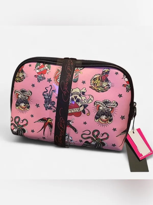 Ed Hardy 2-Piece Pink & Black Tattoo Print Cosmetic Set with Ribbon - Image 2