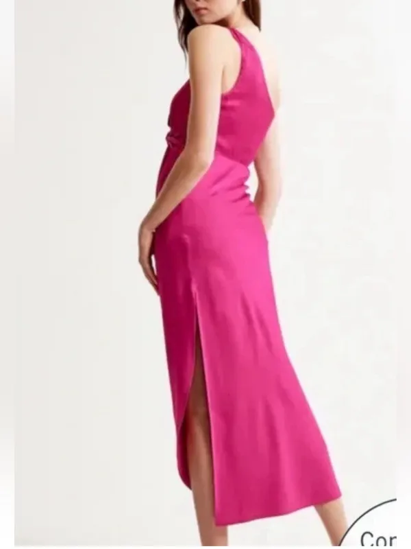 Abercrombie & Fitch Satin One Shoulder Knotted Midi Dress Fuchsia XS NEW $130 - Image 4