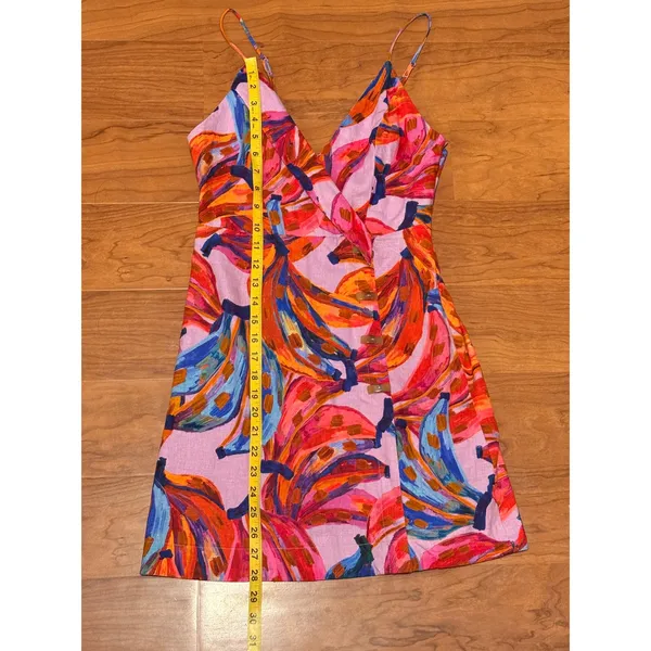 Farm Rio Graphic Bananas Pink Linen Blend Mini Wrap Dress Small - Image 7