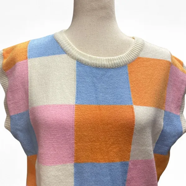 &merci Womens Multi Colored Checkered‎ Ivory Sweater Vest Preppy Large - Image 3
