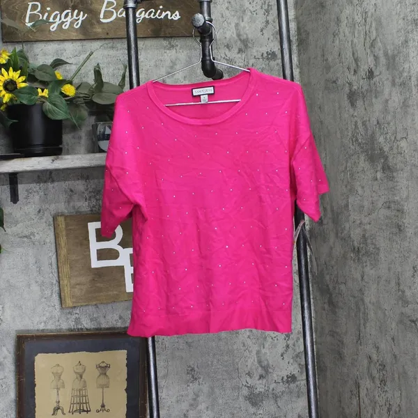 NWT Sam & Jess Short-Sleeve Embellished Sweater TA93148768AS Electric Pink M - Image 5