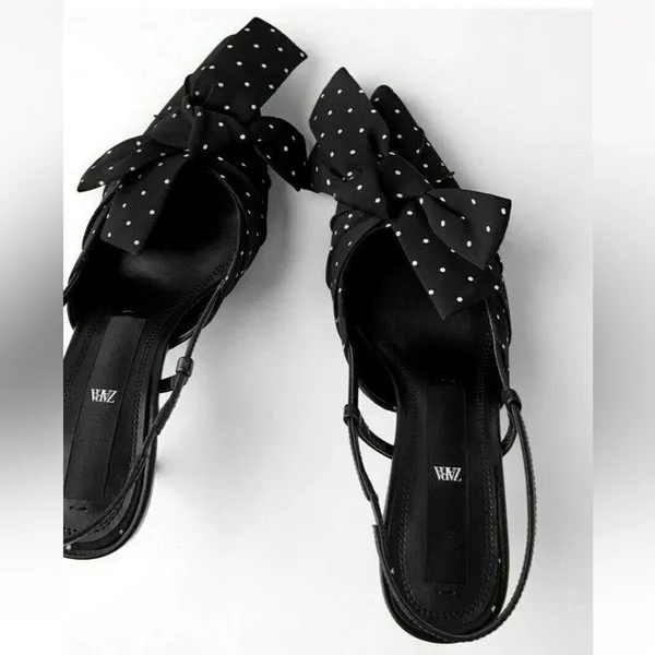 Zara Black & White Polka Dot Kitten Heel Sling back Shoes(Size 39) - Image 2