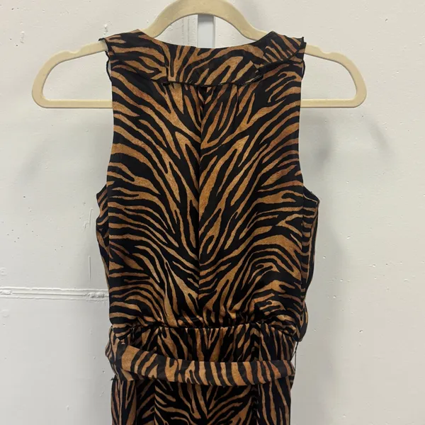White House Black Market Silk Tiger Print Ruffle Knee Length Dress Brown Blk 00 - Image 5