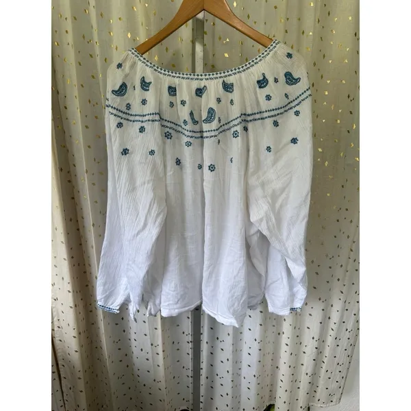 Marks & Spencer Pure Cotton Semi Sheer Embroidered Crinkle Long Sleeve Blouse 1X - Image 4