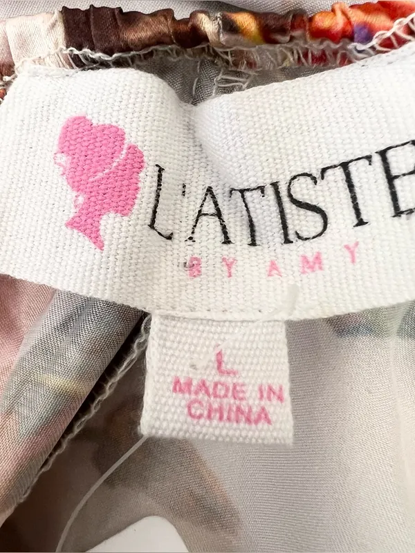 L'ATISTE Cream Floral Satin Halter Maxi Dress with Slit Size Large - Image 10