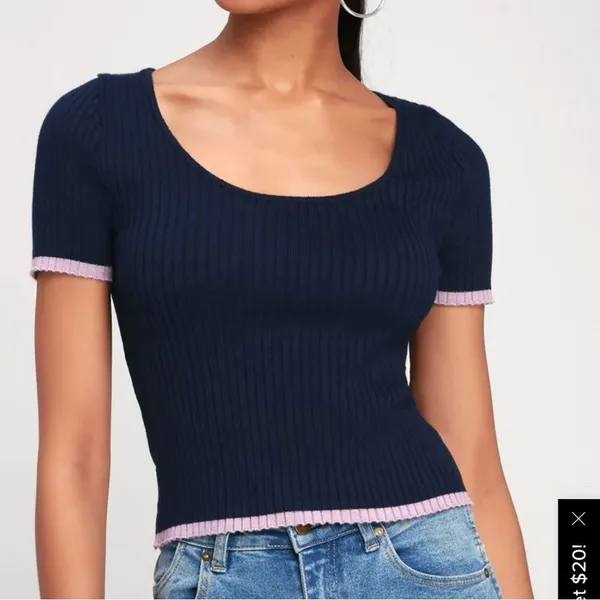 Ribbed Knit Cropped Baby Tee‎ Ruffle Edge Top S Navy Blue Pastel Stretch Indie - Image 2