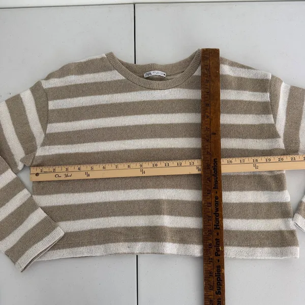 Zara Womens Small Tan White Striped Cropped Knit Sweater‎ Crew Neck - Image 6