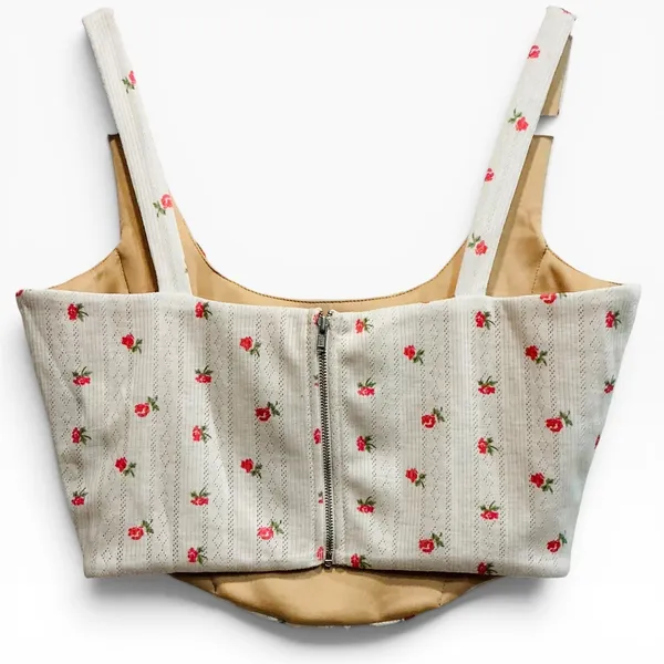 With Jean Cindy Corset Crop Top White Pointelle Rose Print Boning‎ Medium Womens - Image 4