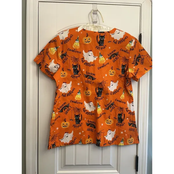 Scrubstar Womens L Halloween Print V-Neck Short Sleeve Scrub Top Cotton Orange - Image 13