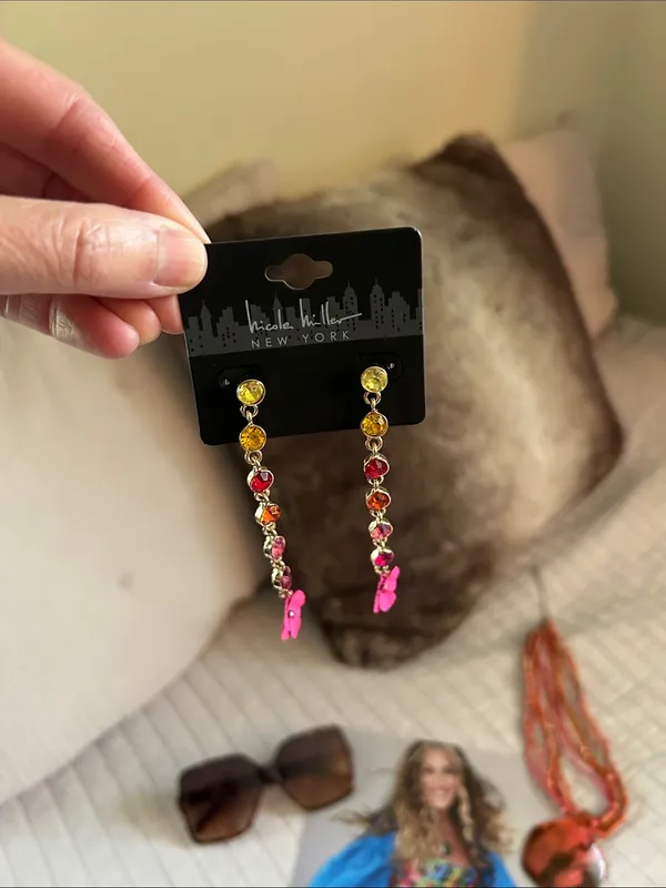 Anthropologie Nicole Miller nwt colorful rhinestone, floral, gold tone, dangle party earrings - Image 2
