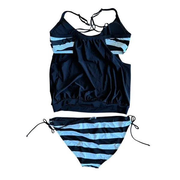 XL Black and White Striped‎ 2 Piece Tankini Swimsuit Set Tie Side Bottoms - Image 5